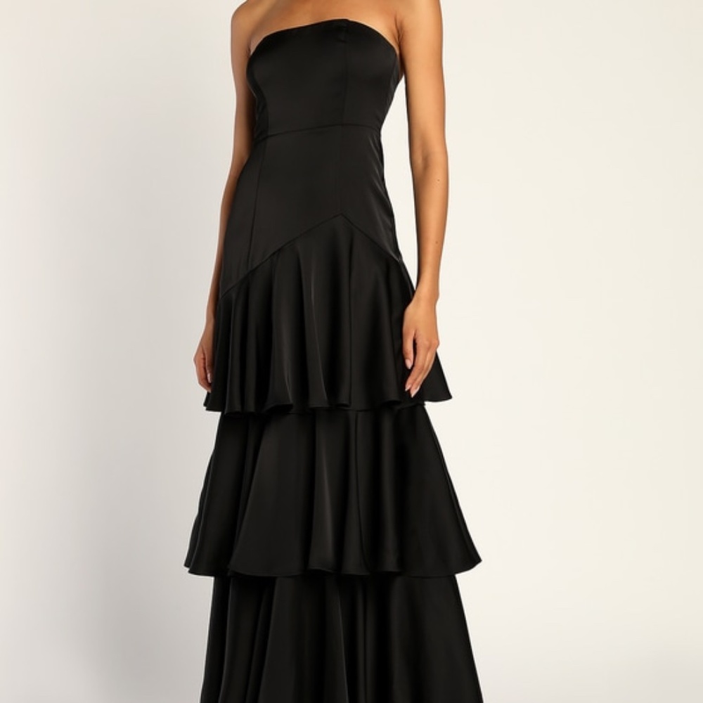 Lulus Blissfully Beautiful Black Satin Strapless Tiered Maxi Dress - Size M